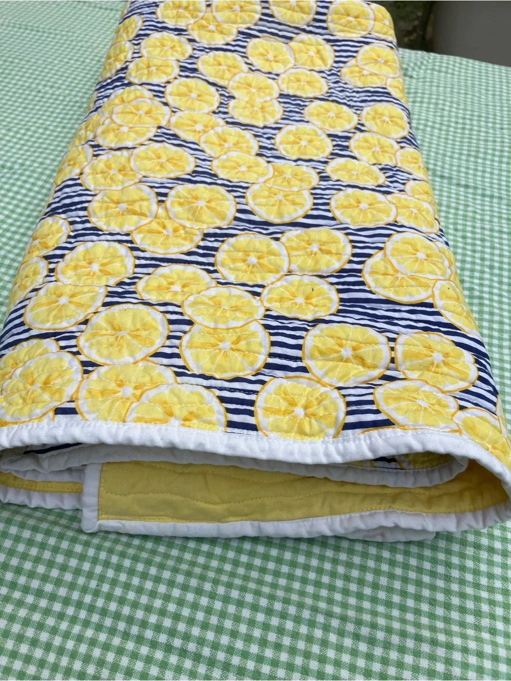 Lemon and stripes back or picnic blanket handmade quilt 38 x 30 sturdy thick